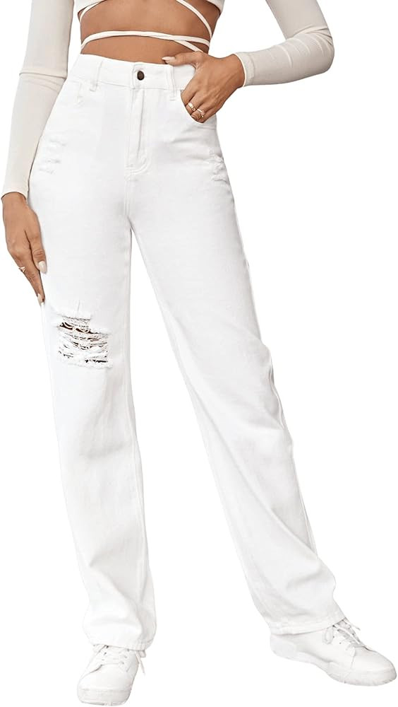 SweatyRocks Women's High Waist Straight Leg Jeans Ripped Distressed Denim Pants | Amazon (US)