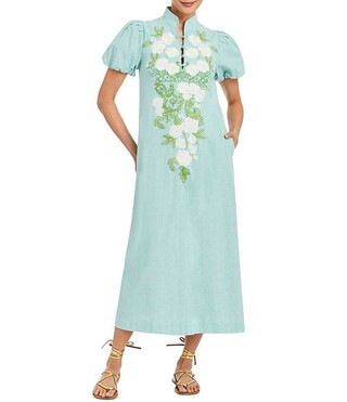 Mestiza New York Elliana Floral Embroidered Applique Mandarin Collar Short Puff Sleeve Midi Dress... | Dillard's
