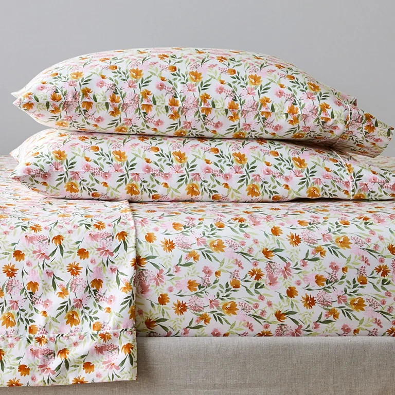 Better Homes & Gardens 100% Cotton Sateen 300 Thread Count Sheet Set, Queen, Bashful Blooms Warm | Walmart (US)