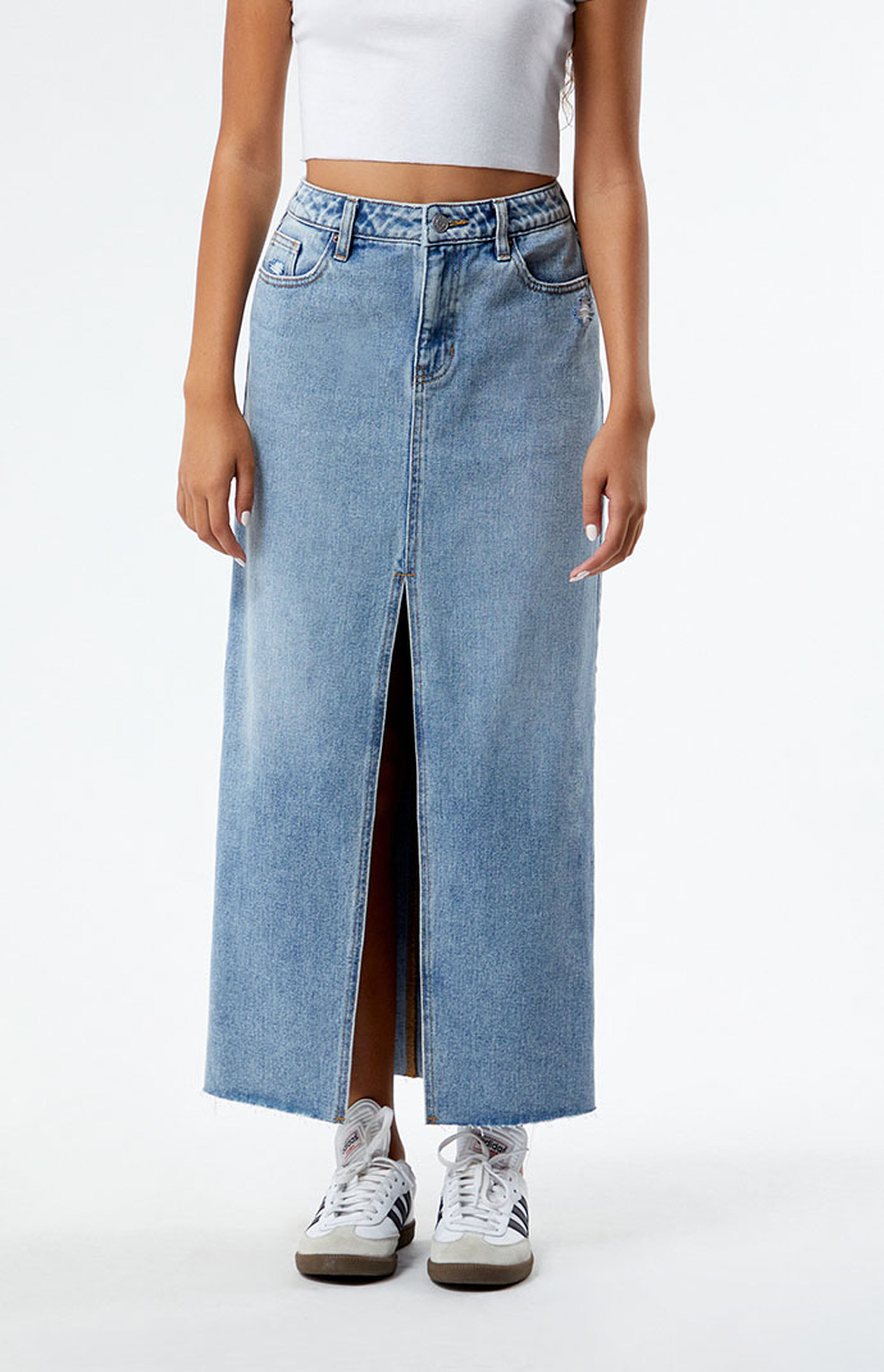 PacSun Light Indigo Mid Rise Denim Maxi Skirt | PacSun