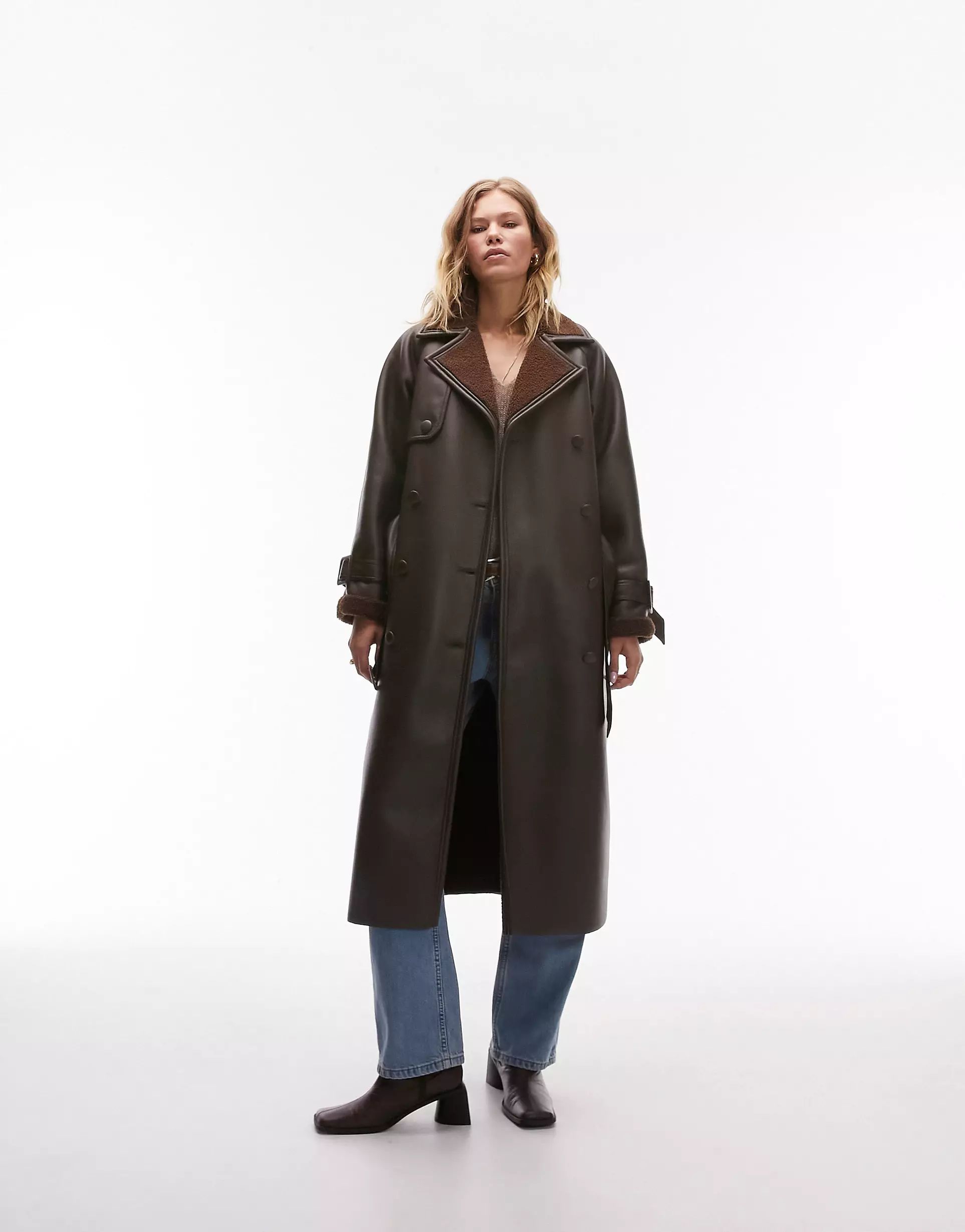 Topshop faux leather bonded borg trench coat in chocolate | ASOS | ASOS (Global)