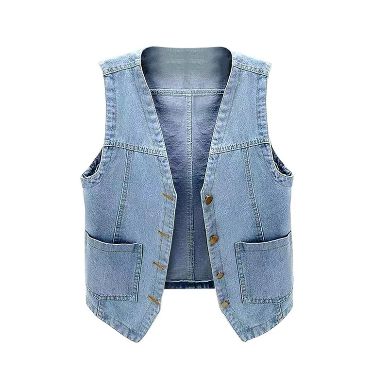 dazeni Prime Day Deals Today Womens Denim Jean Vest Classic Cropped Lapel Sleeveless Jean Jacket ... | Walmart (US)