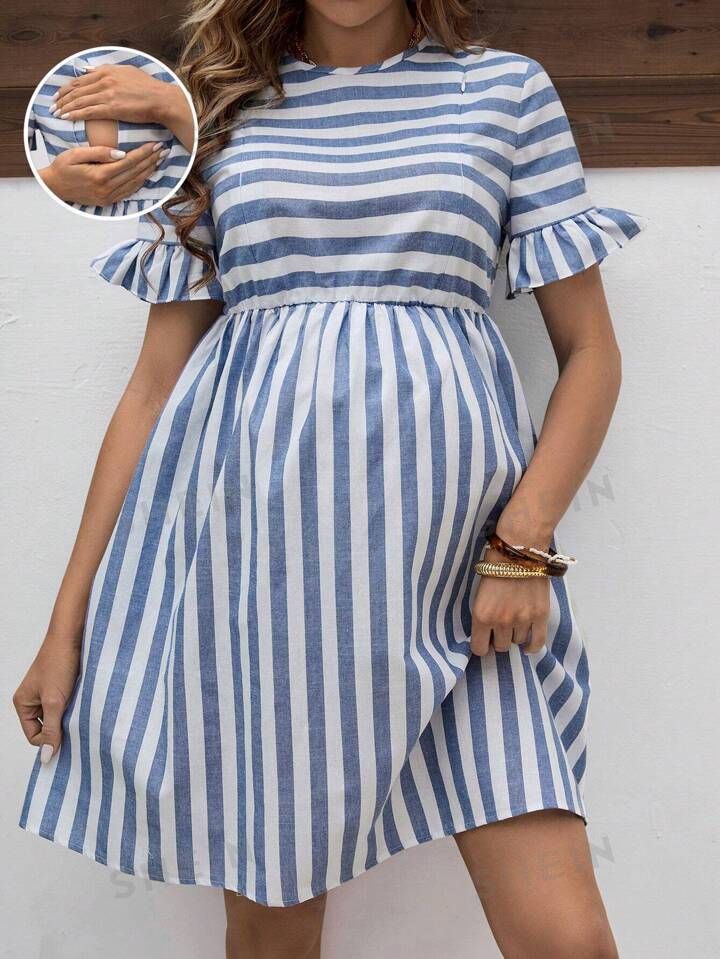SHEIN Maternity Striped Dress With Flare Sleeves And Nursing Function | SHEIN
