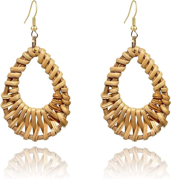 QUPENGXU Geometric Handmande Drop Dangle Earrings Bohemian Rattan Wicker Earrings For Women Girls | Amazon (US)