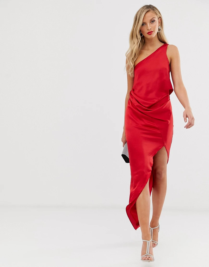 ASOS DESIGN satin one shoulder drape midi dress in red | ASOS (Global)