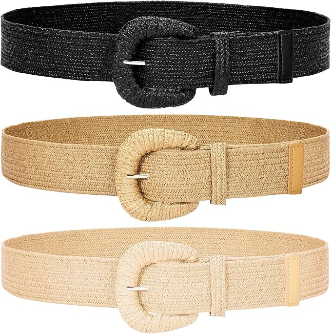 WHIPPY 3 Packs Women Straw Woven Elastic Stretch Waist Belts Fashion Boho Braided Skinny Ladies D... | Amazon (US)