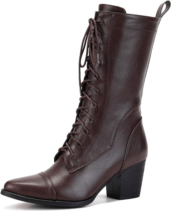 UTIKLIOU Women's Mid Calf Boots Lace up Combat Boots Leather Side Zipper Winter Boots Faux Fur Li... | Amazon (US)