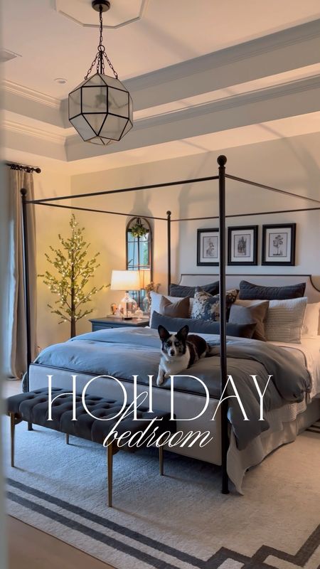 Holiday bedroom decor featuring this pretty lit pine tree and little Christmas touches ☺️

canopy bed, rug, primary bedroom, bedding, duvet, shams, linen curtains, end of bed bench, lamp, nightstands, arch mirrors 

#LTKSeasonal #LTKhome #LTKHoliday