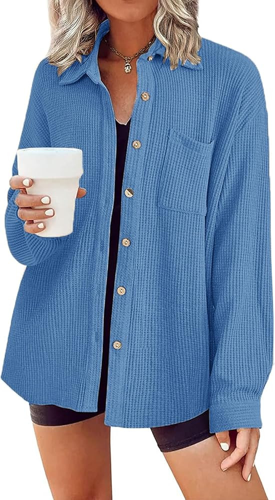 HOTOUCH Waffle Button Down Shirts for Women Dressy Casual Work Shacket V Neck Long Sleeve Lightwe... | Amazon (US)