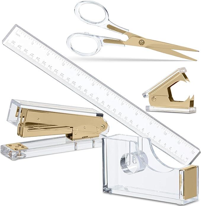 Gold Acrylic Lucite Bundle | Premium Stapler, Tape Dispenser, Scissors, Staple Remover, & Ruler |... | Amazon (US)