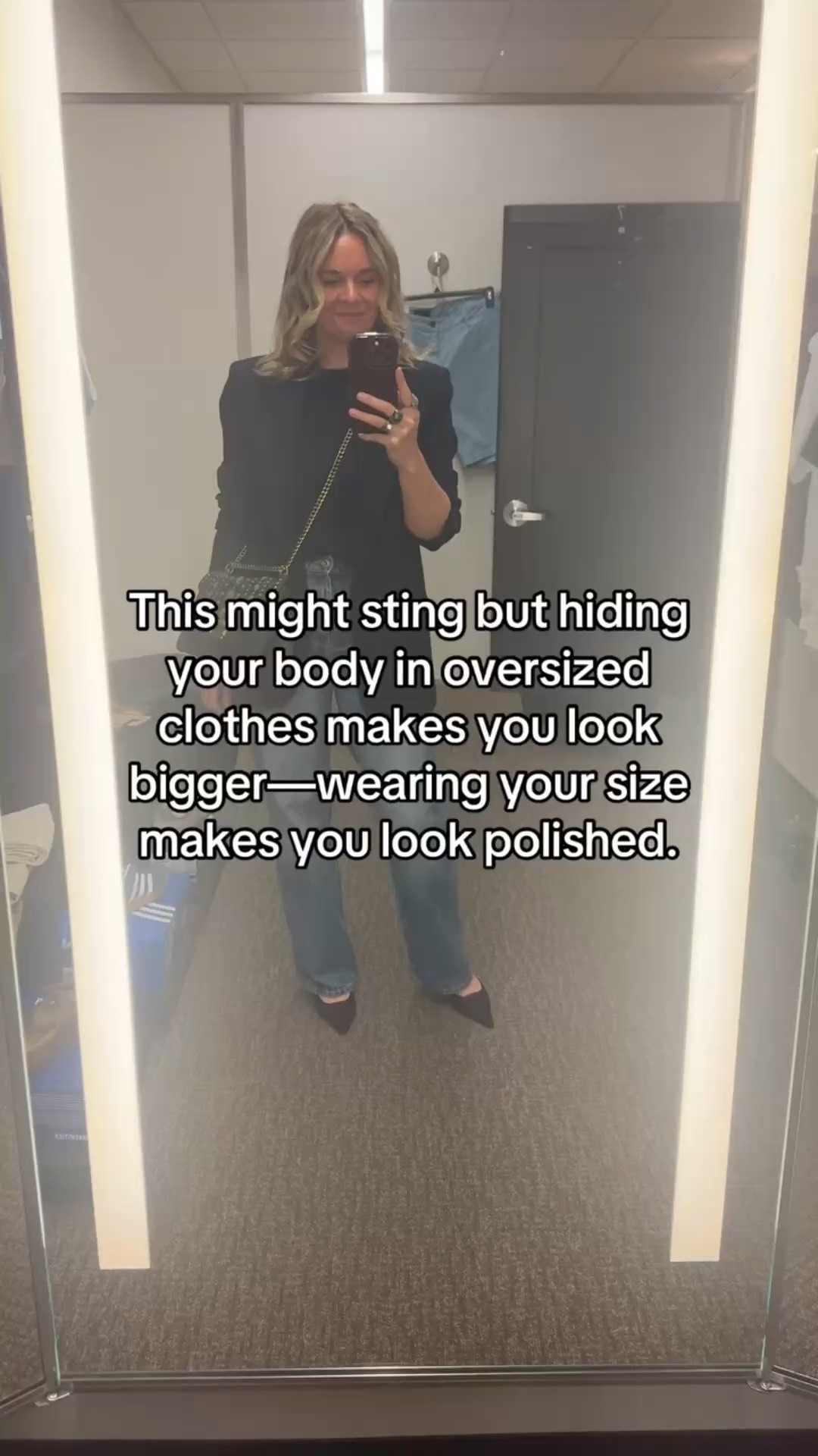 Oversized doesn’t hide anything—it just creates shapelessness. 

Clothes that actually fit your body (not too tight, not swimming on you) will ALWAYS look more polished, more intentional, and more confident. 

The number on the tag doesn’t matter. The fit does. 

Wear your actual size. You’ll immediately look more put-together. 

✨ Follow for honest styling truth 
💬 Comment FIT to learn more about our styling services