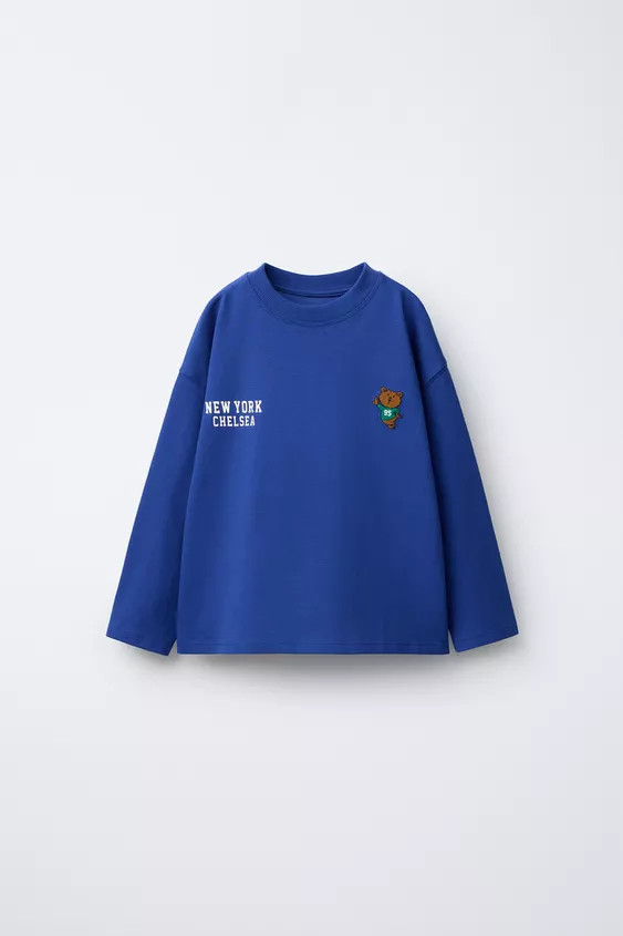 T-Shirt mit Rundhalsausschnitt und langen Ärmeln. Textprint und Löwen-Stickerei auf der Brust. | Zara DE