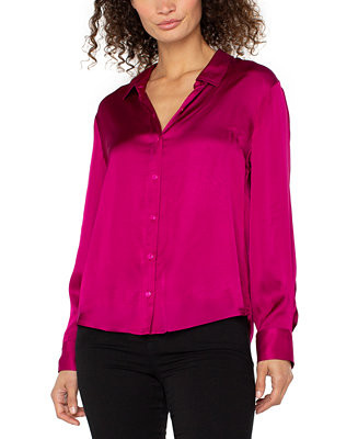 Women's Long-Sleeve Button-Front Satin Shirt | Macy's