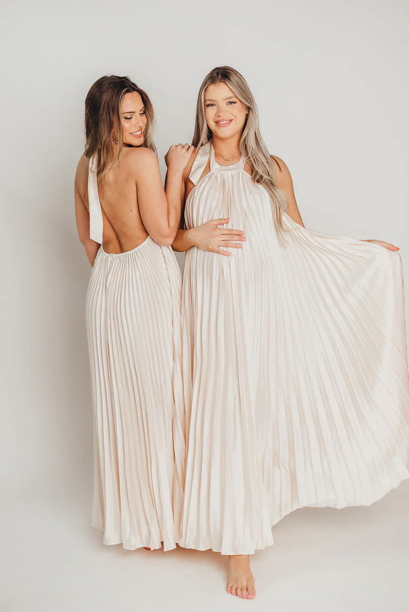 Maren Pleated Halter Maxi Dress in Cream - Bump Friendly | Worth Collective