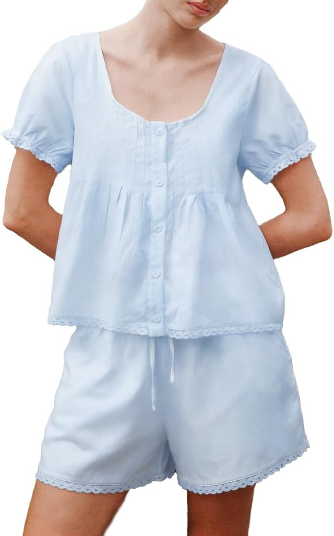 Womens Summer 2 Piece Sets Fashion Button Down Puff Sleeve Lace Trim Pintuck Top and Shorts Cotto... | Amazon (US)