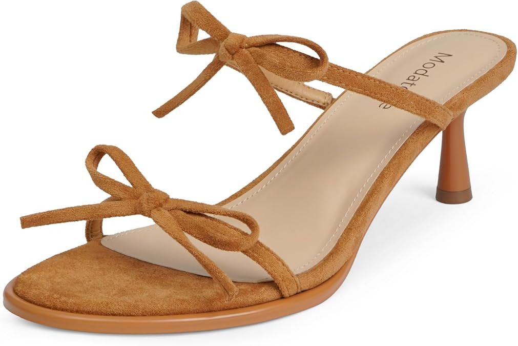 Modatope Two Strap Bow Tie Kitten Heel Sandals for Women Rounded Open Toe Heeled Sandals Women | Amazon (US)