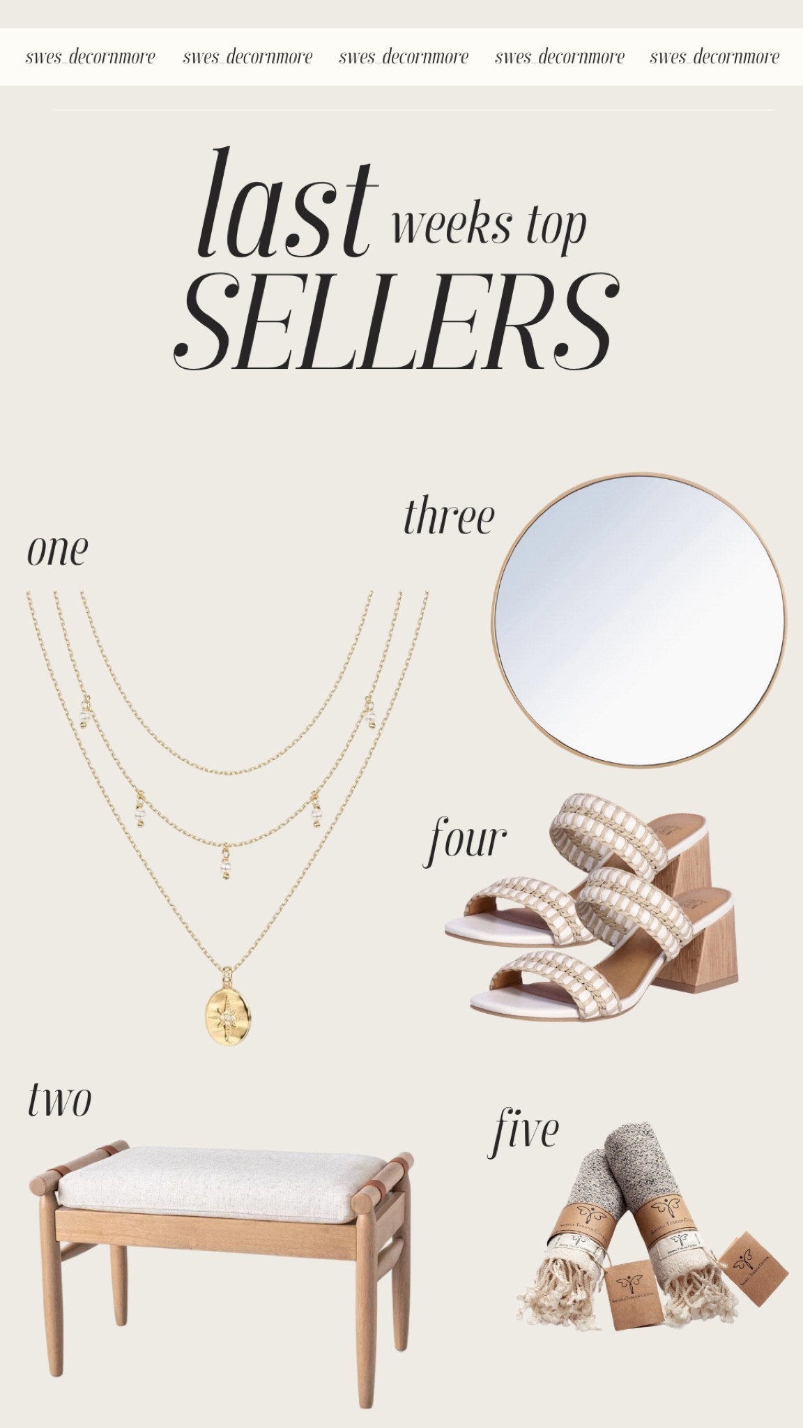 Here is last weeks top seller! I love how this layered necklace can be added to just about any look, this mirror would make a great accent mirror or maybe replace a bathroom mirror with it, these heeled sandals are great for just about any summer dress, I love how this bench seat could be used for an entry way or even place it at the end of your bed, and these Turkish hand cloths are so pretty and soft! 

#LTKHome #LTKSeasonal #LTKStyleTip