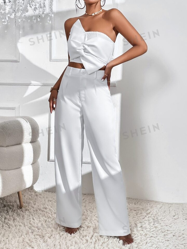 SHEIN Privé Bow Front Crop Tube Top & Wide Leg Pants | SHEIN
