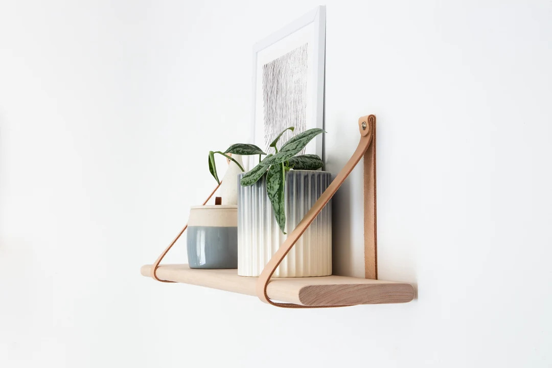 Curved Edge Shelf Leather Strap Timber Shelves Wooden Shelf With Leather Strap - Etsy | Etsy (US)