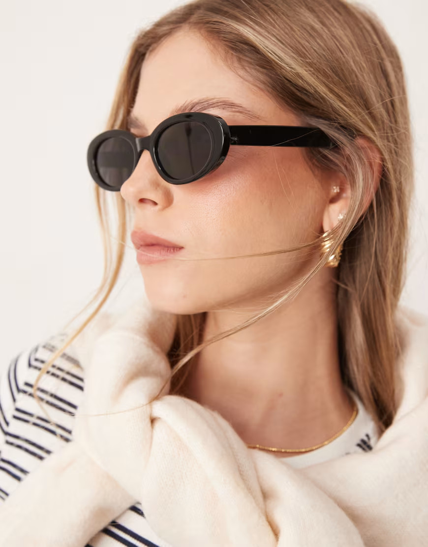 ASOS DESIGN skinny oval sunglasses in black | ASOS (Global)