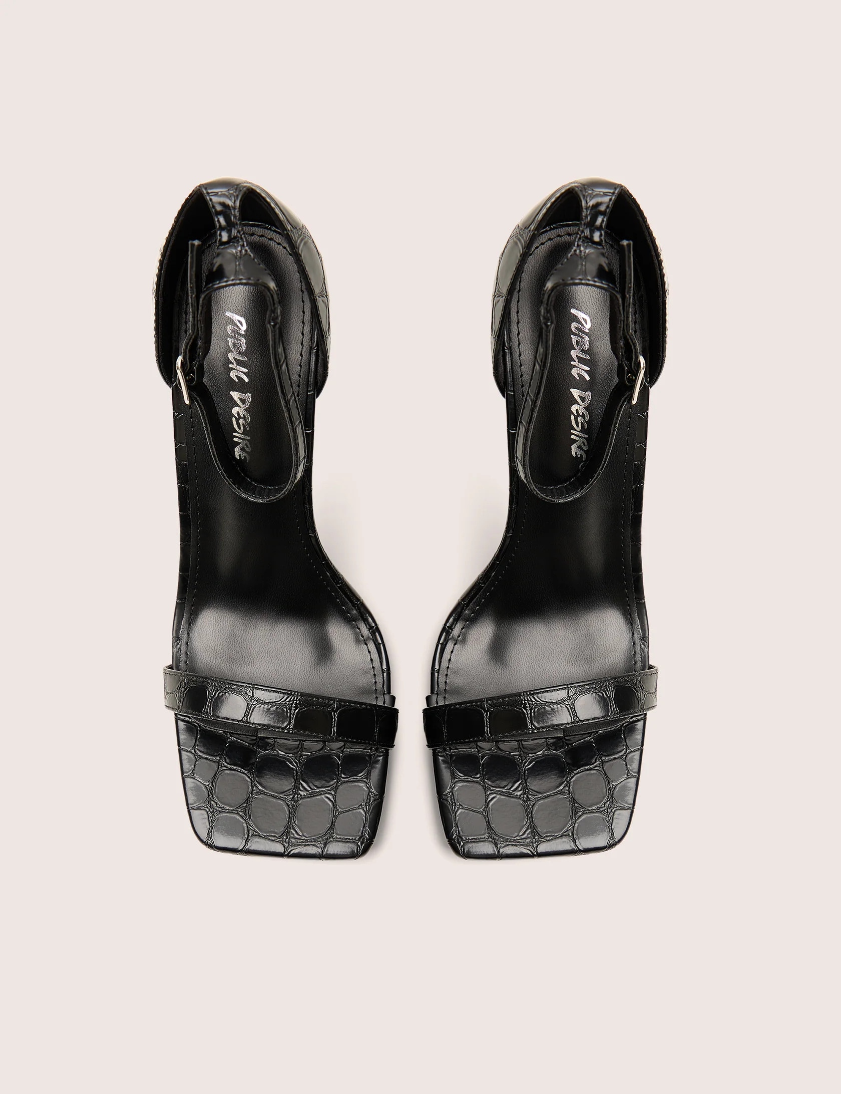 Chaos Black Croc Square Toe Strappy Barely There Stiletto Heels | Public Desire