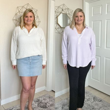 Aerie & American Eagle try on! Tops fit oversized. Wearing large in the white open knit sweater and medium in purple lumberjane top. Skirt is 12 long  

#LTKSpringSale #LTKmidsize #LTKover40