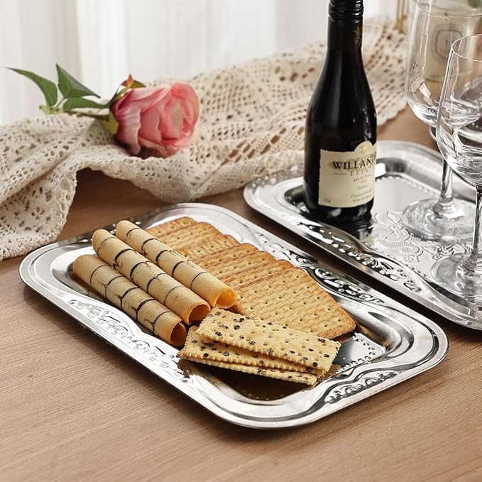4-Pack Small Silver Serving Trays Set - ZENOVLUX Bow Floral Engraved Mirror Decorative Tray, 11.4... | Amazon (US)