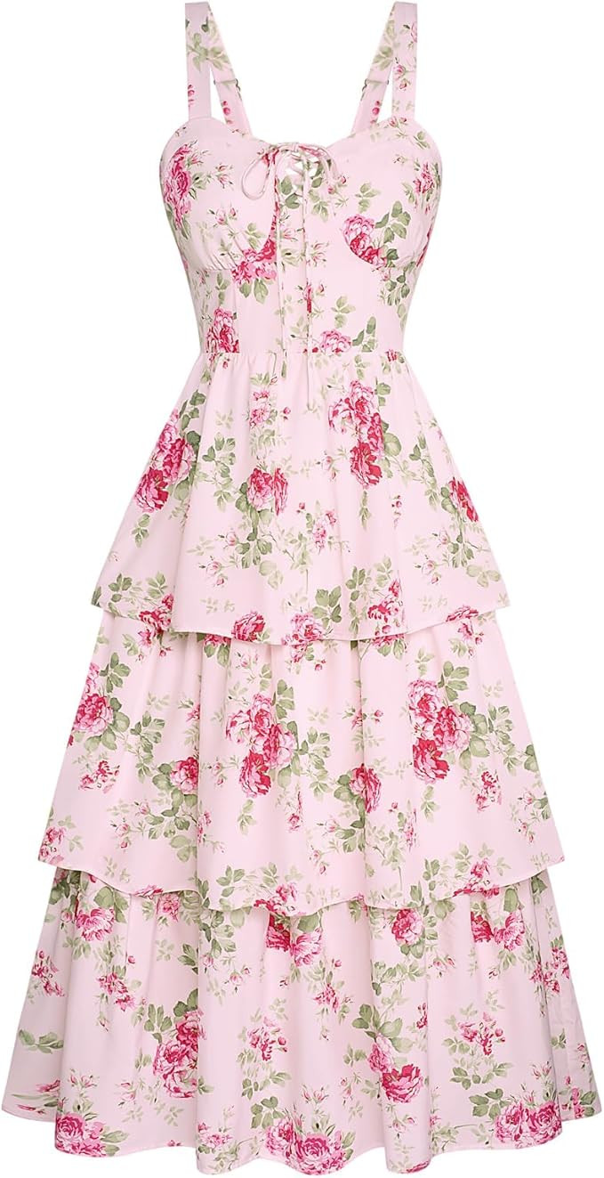 Scarlet Darkness Women's Floral Maxi Dress Summer Wedding Guest Dress Tiered Sleeveless Lace Up C... | Amazon (US)