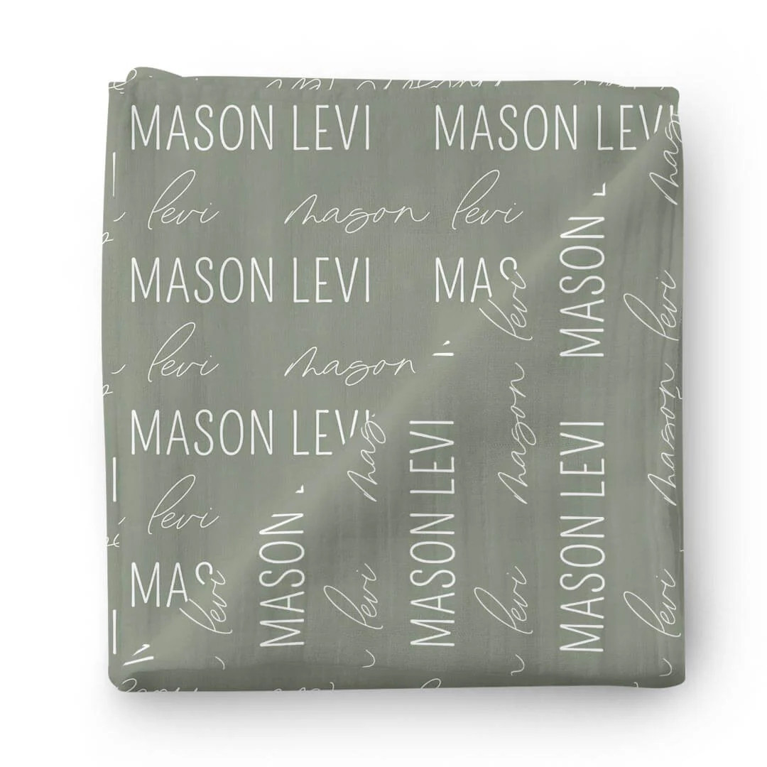 Personalized Eucalyptus Baby Name Swaddle Blanket - Block & Script | Caden Lane