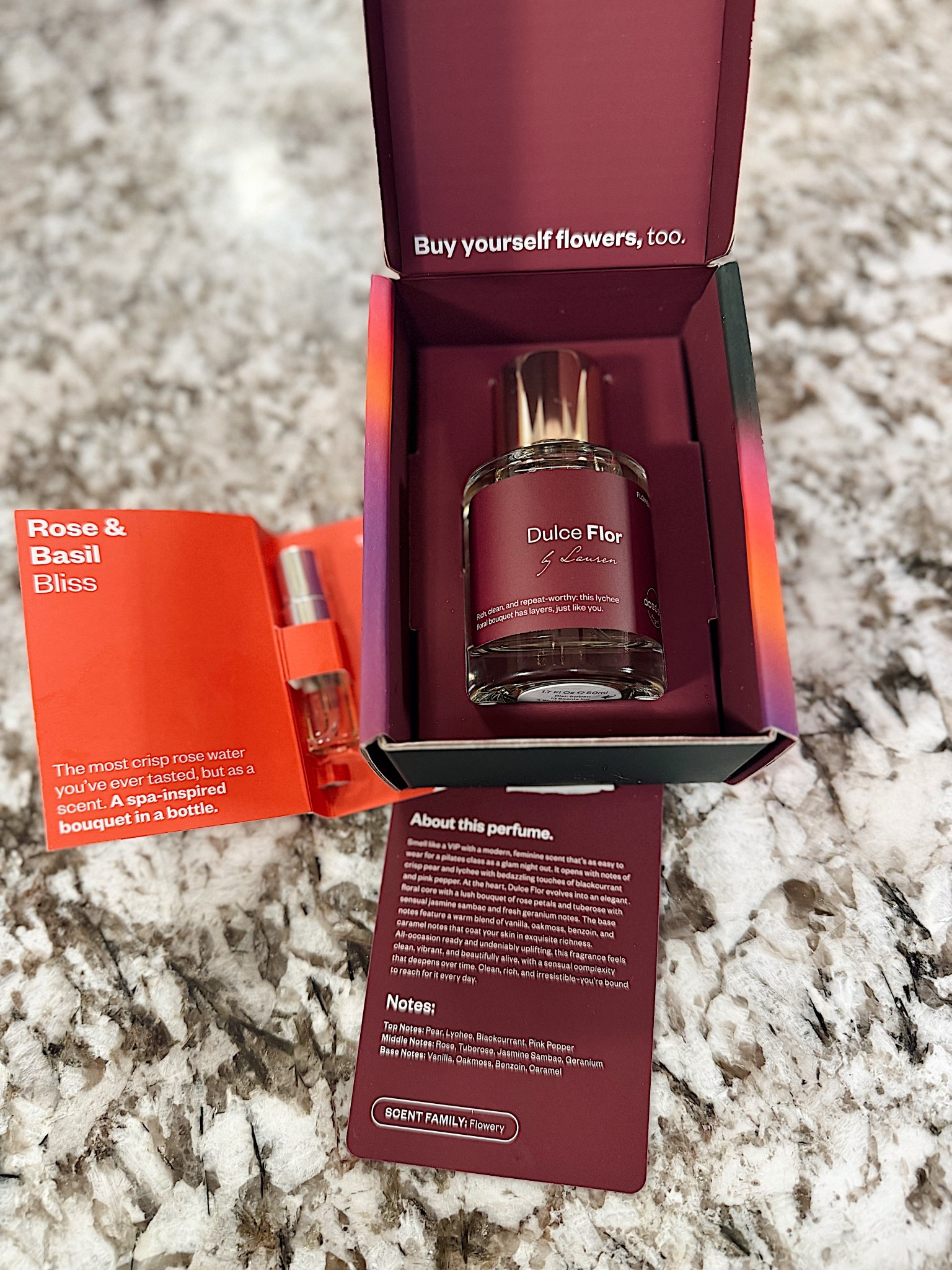 January Dossier Perfume Selection

What I Picked- Dulce Flor 
Notes
Top- lychee, pear, black currant, pink pepper
Middle - rose, tuberose, jasmine sambac, geranium 
Base- vanilla, oakmoss, benzoin, caramel 
My Thoughts- She is totally a rose forward floral scent. It is a bit on the cozy side and dries down to a warmer scent. It is on the stronger side for sure so be mindful while wearing it in more confined spaces, it will get you noticed though! 
Sample Choice- Rose Basil 
Notes
Top- Basil, Orange, Red Fruits, Galbanum
Middle- Bulgarian Rose, Geranium, Violet Leaf
Base-Virginia Cedarwood, Heliotrope Flower, Vanilla
My thoughts- this girl is a fresh and clean just walked into a high end spa vibe. It’s light and airy with a bit of citrus undertone. Would totally wear this to a workout class as it’s not too overwhelming. 