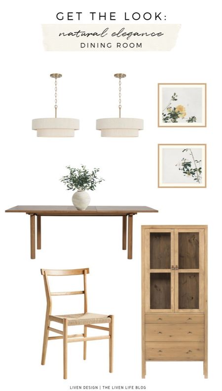 Natural elegant dining room. Home decor. Woven drum chandelier. Botanical floral art. Wood dining table. Ceramic vase. Terracotta vase. Faux olive stems. Greenery. Woven and wood dining chair. Display cabinet. China cabinet. 

#LTKSeasonal #LTKHome #LTKStyleTip