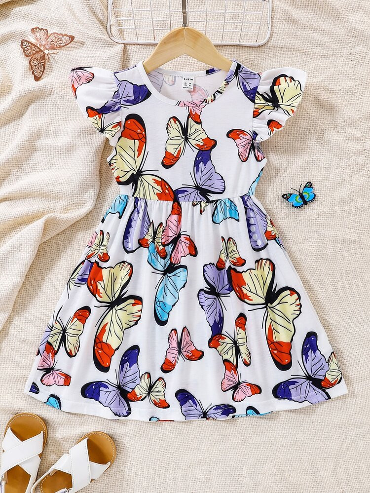 Toddler Girls Butterfly Print Ruffle Trim Dress | SHEIN