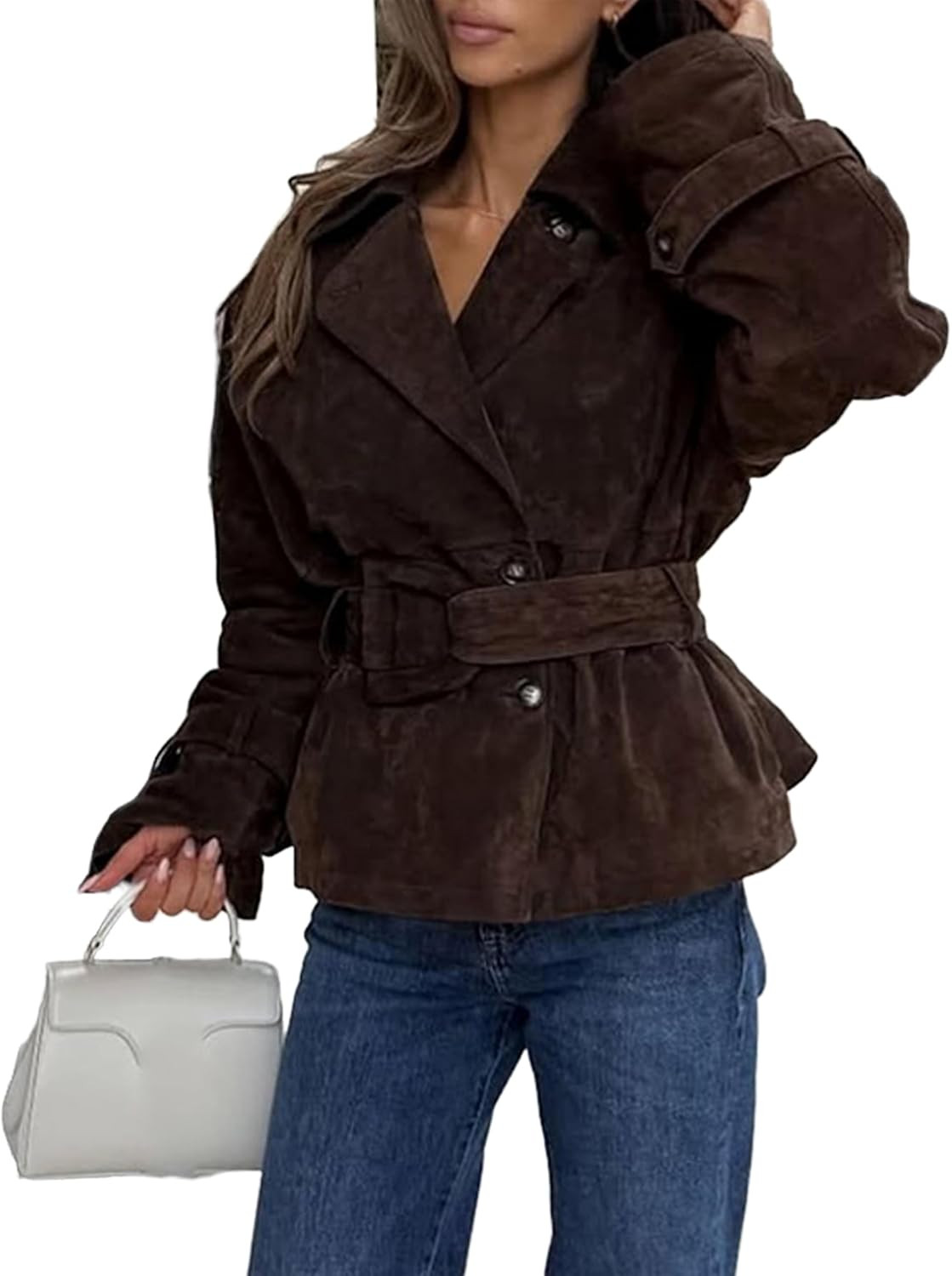 Suede Jacket for Women Long Sleeve Belt Collar Brown Jackets Fall Winter Faux Suede Vintage Coat | Amazon (US)