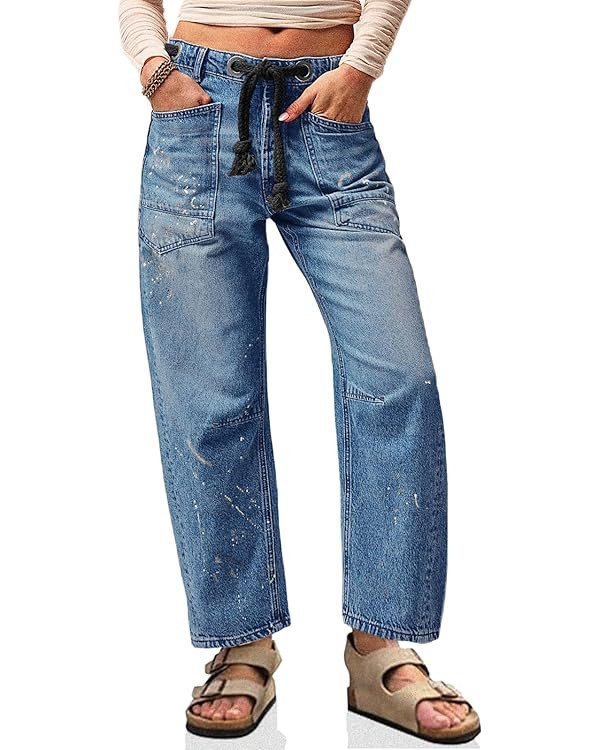 Cicy Bell Womens Baggy Barrel Horseshoe Jeans Wide Leg Drawstring Vintage Denim Pants with Front ... | Amazon (US)