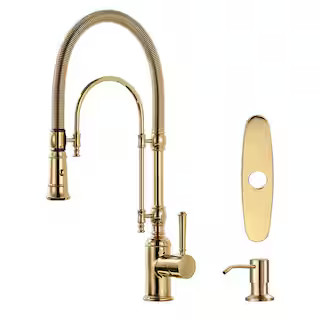 Solid Brass Single Handle Pull Down Sprayer Kitchen Faucet with Soap Dispenser in Gold | The Home Depot
