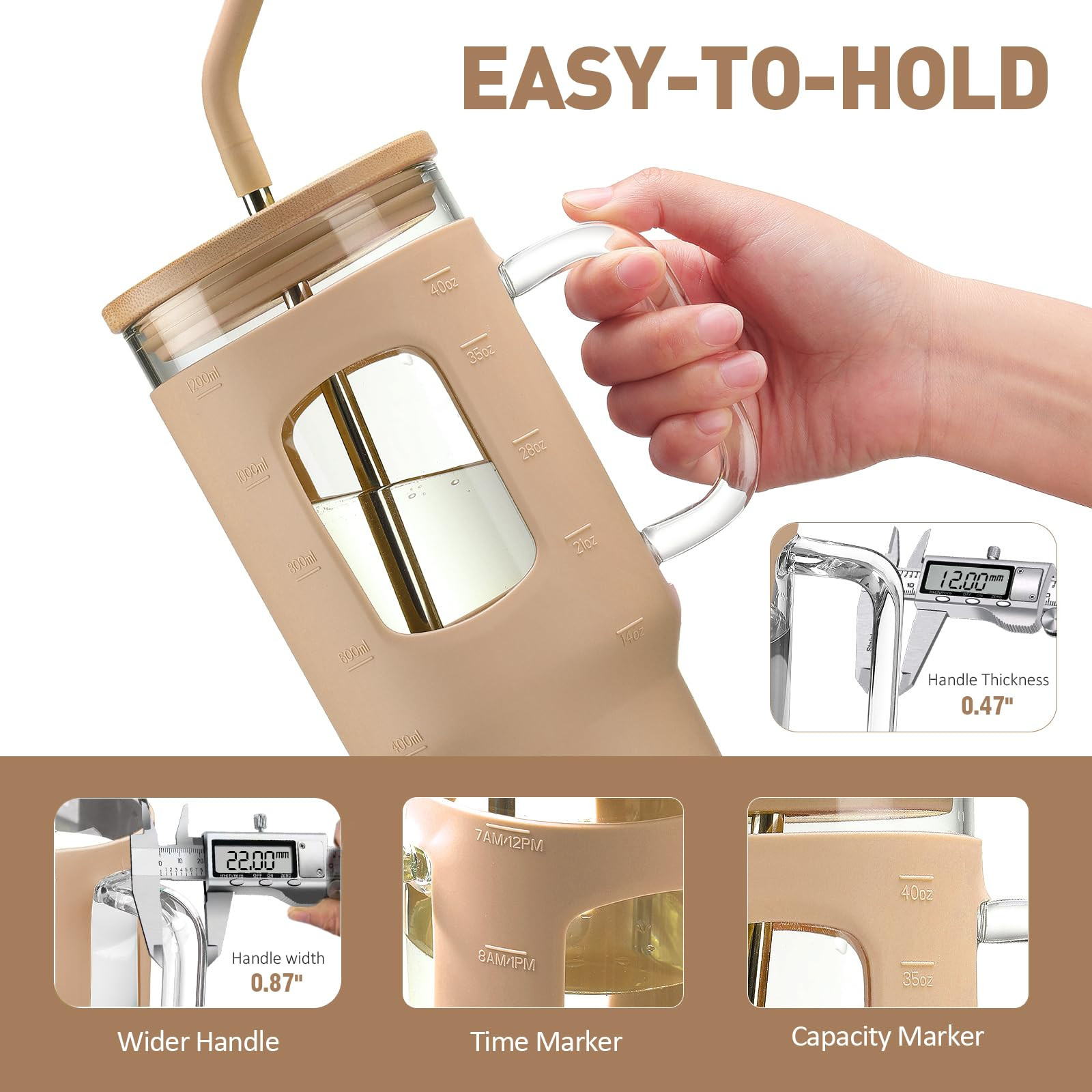 Glass Tumbler with Straw and Lid, 40 oz glass cup with handle, Glass Water Bottles with Time Mark... | Amazon (US)