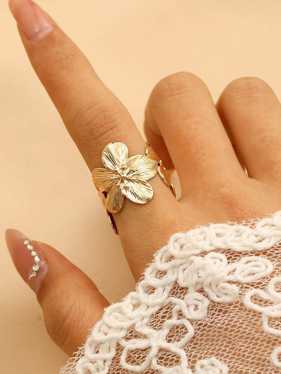 1pc Women's Flower Textured Fashion Personalized Open-Ended Adjustable Ring, Suitable For Party &... | SHEIN