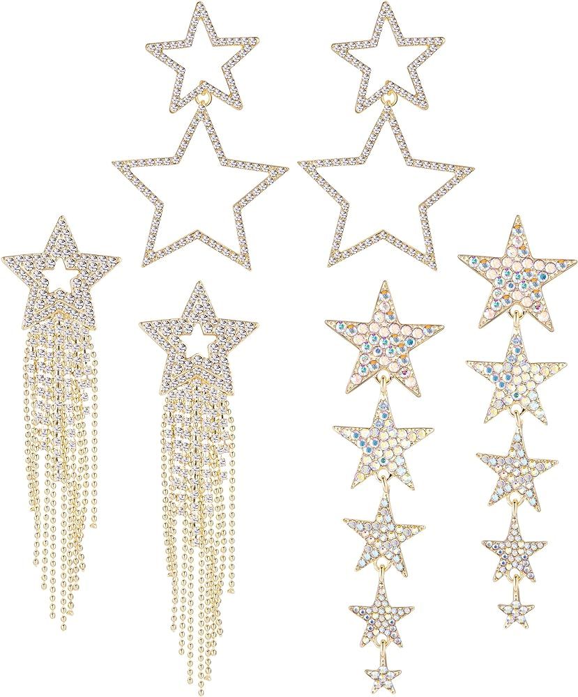3 Pairs Star Earrings for Women Rhinestone Big Star Dangle Earrings Tassel Star Drop Earrings Cry... | Amazon (US)