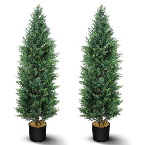 Hananona 2 Pcs 4 Ft Artificial Topiary Cedar Trees, Outdoor Faux Pine Shrubs, Realistic Fake Greenery Plants UV Resistant Cypress Trees for Christmas Porch Front Door Decor (2, Green, 4 Ft) | Amazon (US)