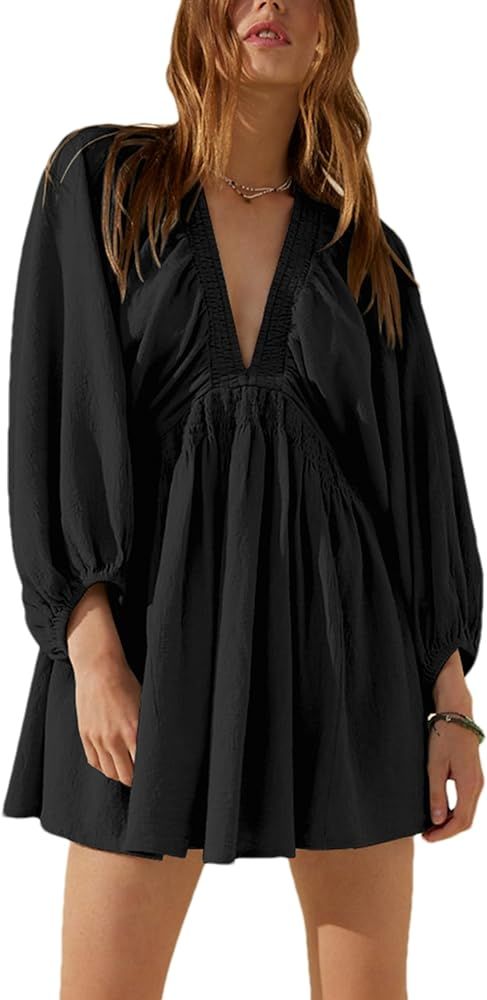 Tiko Miko Women's Sexy Long Sleeve V Neck Tunic Dress Casual Loose Flowy Mini Swing Shift Dresses | Amazon (US)