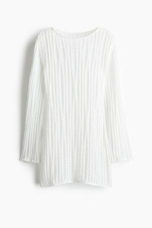 Ladder-stitch-look Knit Mini Dress - Round Neck - Long sleeve - Light beige - Ladies | H&M US | H&M (US + CA)