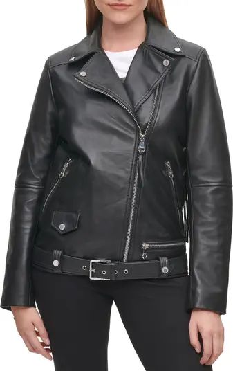 Karl Lagerfeld Paris Logo Fringe Leather Moto Jacket | Nordstrom | Nordstrom