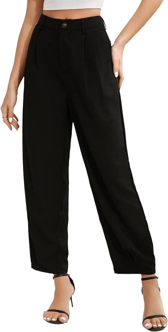 SweatyRocks Women's Casual High Waist Fold Pleated Straight Leg Trousers Work Pants with Pocket | Amazon (US)