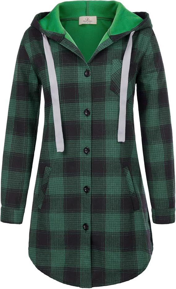 Women Flannel Plaid Button Down Top with Pockets Long Sleeve Hooded Jacket | Amazon (US)