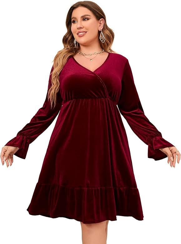 KOJOOIN Women's Plus Size Velvet Dress Wrap V Neck Midi Dress Long Sleeve Cocktail Party Dress | Amazon (US)