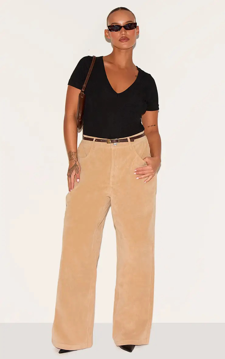 Stone Faux Suede Wide Leg Trousers | PrettyLittleThing USA | PrettyLittleThing US