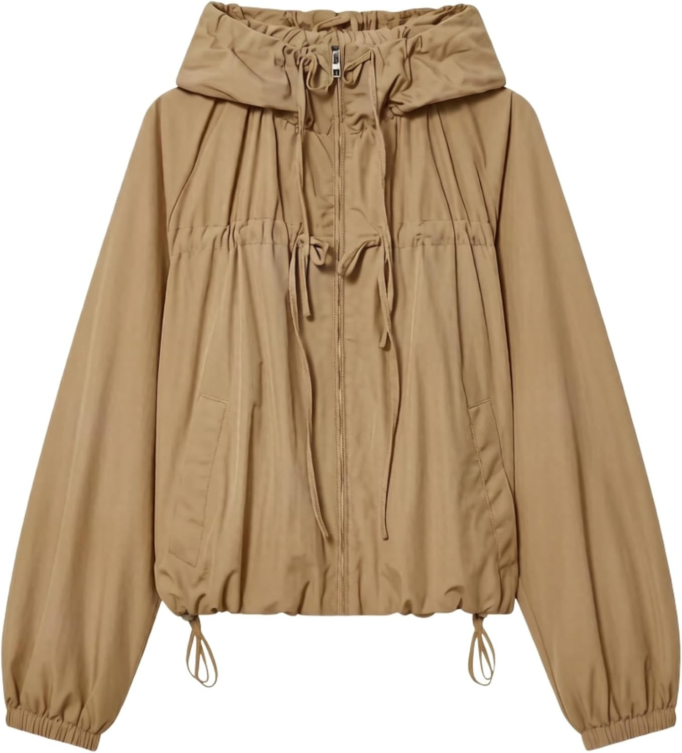 Xunger Women's Gathered Hooded Jacket Casual Loose Fit Bow Detail Coat Drawstring Hem Long Sleeve Outerwear with Pockets | Amazon (US)