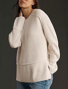 Women's Oversized Pullover Sweaters Crewneck Long Sleeve Casual Side Slit Warm Knit Sweater Top | Amazon (US)