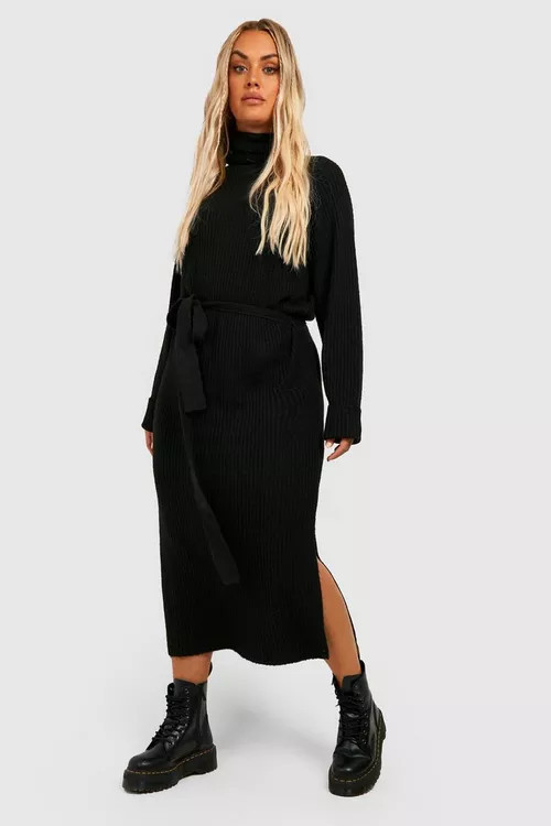Plus Roll Neck Belted Knitted Midaxi Dress | Boohoo.com (UK & IE)