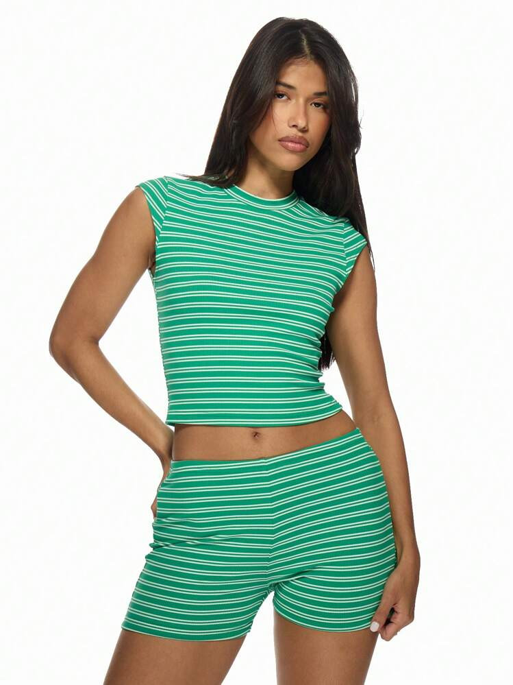 MISSGUIDED Striped Ribbed Co-Ord Set Crop Top And Biker Shorts Workout Athletic Lounge Two Piece Summer Beach Matching Set Stretchy Casual Christmas | SHEIN